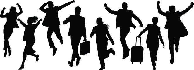 Silhouette business people jumping and running joyfully, celebrating success, energetic corporate team movement, professional achievement expression illustration