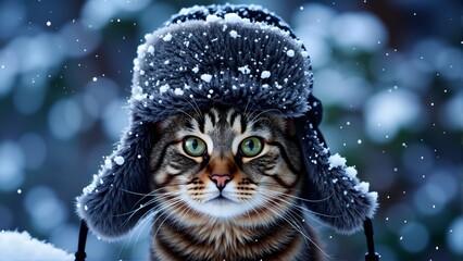 Cute tabby cat wearing a fluffy Russian ushanka winter hat covered in snow, sitting outdoors with snowflakes falling in a blue snowy background.