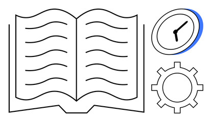 Open book, analog clock, and gear symbolizing knowledge, learning, time management, education, collaboration, productivity and innovation. Ideal for education time efficiency knowledge sharing