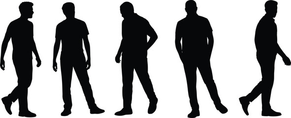 Silhouette men walking and standing in casual poses, male figure illustration, everyday movement concept, relaxed posture design elements