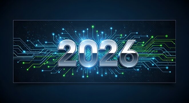 Futuristic 2026 New Year Design with Circuit Board Background.