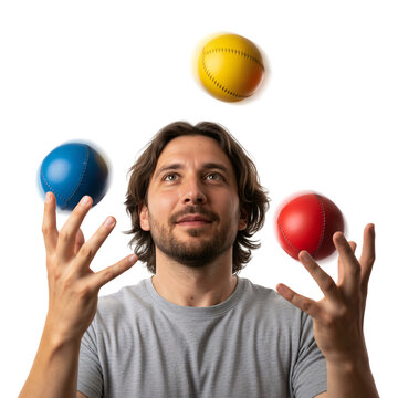 Homme aux cheveux longs et &agrave; la barbe l&eacute;g&egrave;re, portant un t-shirt gris, jonglant avec trois balles de jonglerie color&eacute;es sur un fond transparent, avec un effet de mouvement