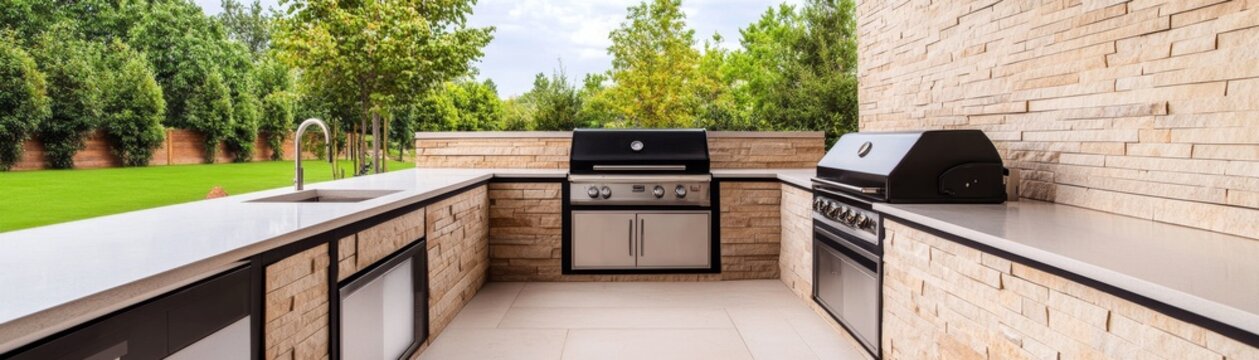 Luxury Outdoor Kitchen with Stone Details and Grill, Outdoor Living, BBQ area