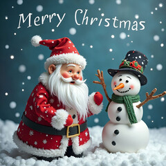 A picture of Santa and snowman with a merry Christmas written on the top