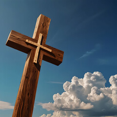 A handmade wooden cross over sky