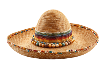 Wide-brimmed straw hat adorned with colorful beads