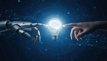 Robotic Arm and Human Hand Reach Toward Glowing Brain Lightbulb in a Futuristic Collaboration Scene