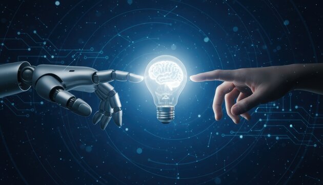 Robotic Arm and Human Hand Reach Toward Glowing Brain Lightbulb in a Futuristic Collaboration Scene - Powered by Adobe