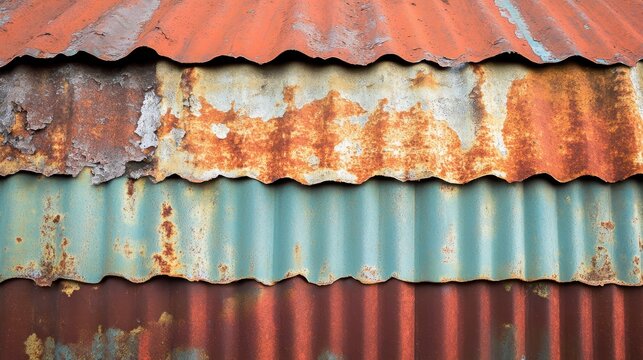 Close up view of layered corrugated metal sheets showing peeling paint and rust with textures of decay