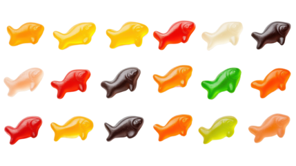 Colorful gummy fish candies on transparent background