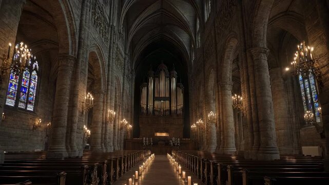 Gothic cathedral interior with organ, candles, and stained glass