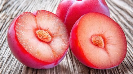 Close-up of fresh organic plums cut in half on wooden surface