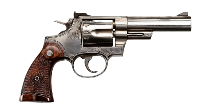  a revolver with wooden handles and silver metal, against a white background, in side view, high-resolution product photography, with studio lighting, no shadows or reflections, isolated on the edges 