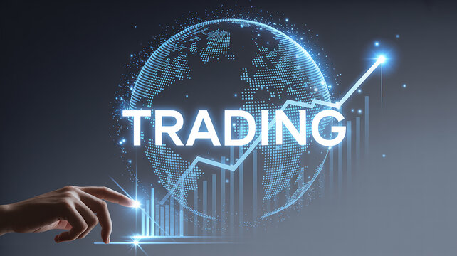Hand touching glowing globe with trading graph and word TRADING on dark background - Powered by Adobe