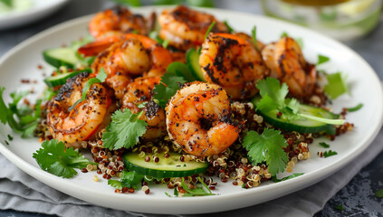 Grilled shrimp with quinoa and cucumber salad is a healthy and tasty dish