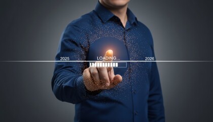 Man in Dark Blue Shirt Interacting with Futuristic Loading Interface Today