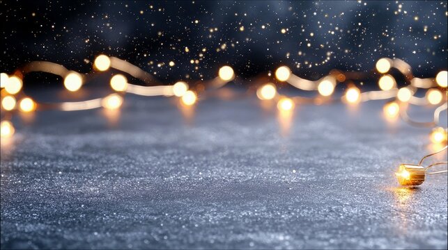 A shallow depth of field shot shows a string of warm, glowing fairy lights draped across a dark, speckled surface, with a bokeh background of more lights.