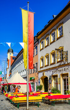 Kaufbeuren, Germany, July 18: Historic buildings decorated for the famous T&auml;nzelfest festive in the old town of Kaufbeuren on July 18, 2025