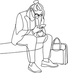 Woman using phone minimalist vector line art