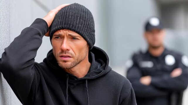 A man in a black hoodie and beanie looks distressed, hand on head, with a blurred security guard in background, suggesting trouble.