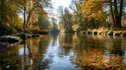 Autumn forest river reflecting golden trees and blue sky