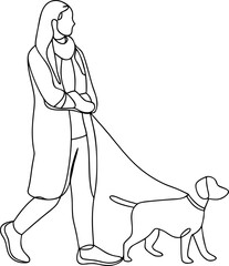 Woman Walking Dog Continuous Line Minimalist Style
