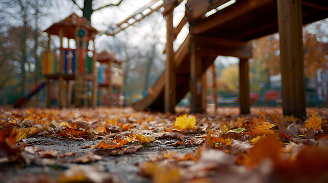 Autumn leaves cover the ground at a colorful wooden playground
