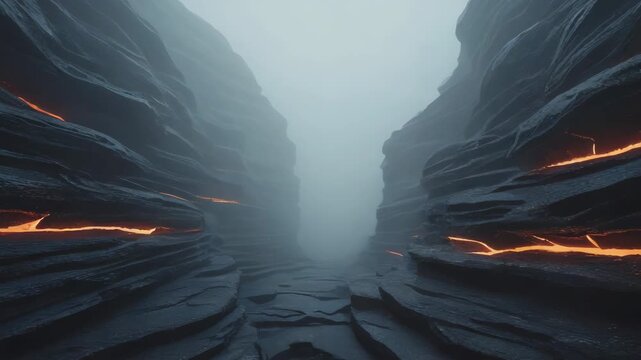 Narrow Canyon with Jagged Dark Rock Walls and Glowing Lava Veins gorge formation