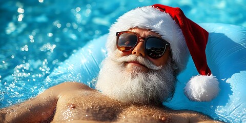 Santa relaxing in a pool on a sunny day wearing sunglasses and a Santa hat
