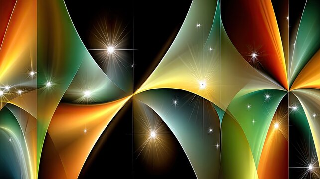 A dynamic abstract composition featuring vibrant, flowing ribbons of light in warm and cool tones, interspersed with sparkling starbursts against a deep black b - Powered by Adobe