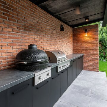 Modern Outdoor Kitchen with Brick Wall and Built-in Grill, BBQ , Outdoor Cooking