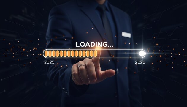 Business Professional in a Dark Suit Interacting with a Futuristic Loading Bar from 2025 to 2026