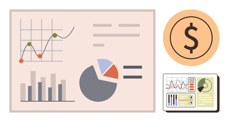 Data visualization of graphs, charts, and analytics on digital and paper dashboards with a dollar coin. Ideal for finance, business, investment, statistics, economy strategy presentations. Simple
