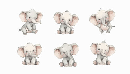 Adorable collection of six watercolor baby elephant illustrations in various playful poses, perfect for children's designs and cute animal themes, bringing joy to any project