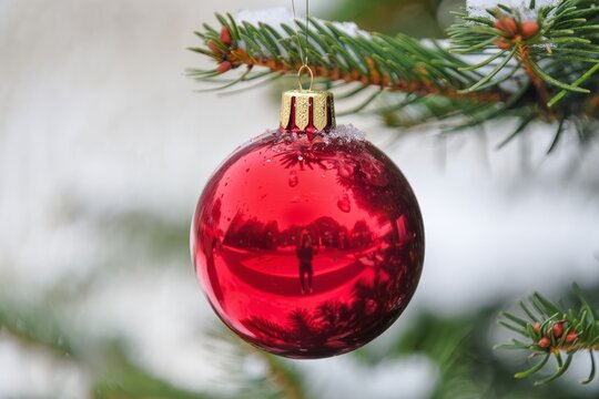Red Christmas Ornament with Snow and Tree Reflection