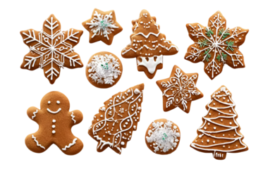 a collection of gingerbread cookies in various shapes, including snowflakes and christmas trees, arranged on a white background. the designs include intricate icing decorations like stars and smiling 