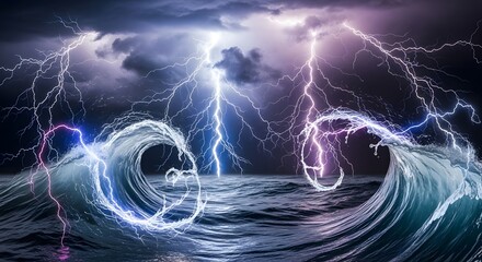 lightning thunder sea river ocean clouds storm illustration vector digital design background wallpaper banner	