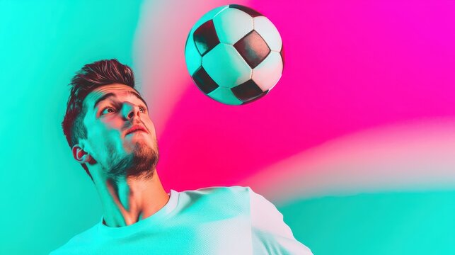 A young man skillfully controls a soccer ball against a vibrant, colorful background, showcasing athleticism and focus. - Powered by Adobe