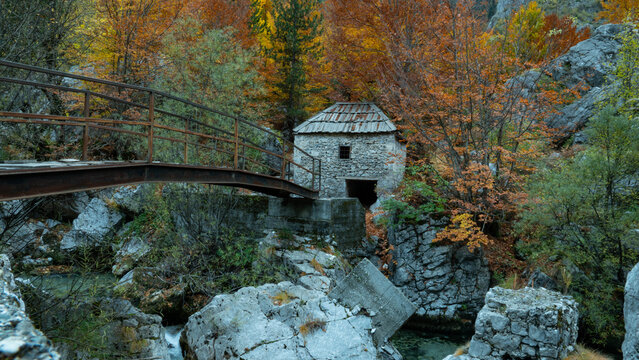 Historic Mulliri Valbone Stone Mill and Bridge Over Rocky Stream Surrounded by Autumn Forest in the Albanian Alps.