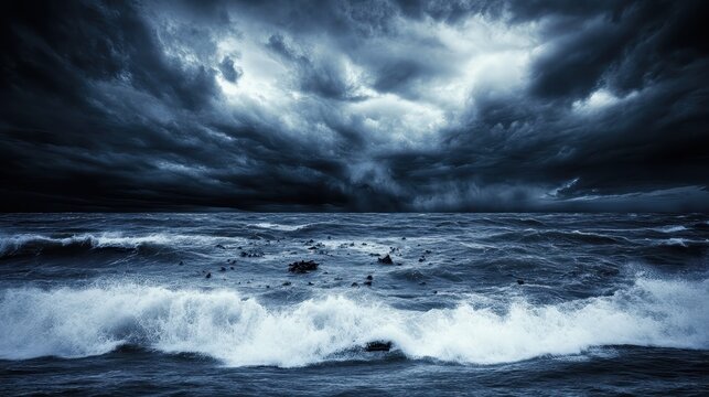Dark ominous storm clouds gather over a turbulent ocean with crashing waves and chaotic surface patterns