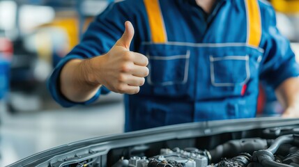 A mechanic gives a thumbs up next to a car engine, indicating satisfaction and successful vehicle maintenance in a workshop setting.