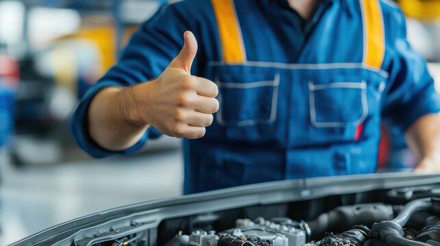 A mechanic gives a thumbs up next to a car engine, indicating satisfaction and successful vehicle maintenance in a workshop setting.