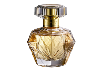 the bottle of perfume is made of glass and has an exquisite golden cap, with diamond-shaped patterns on the body that reflect light beautifully. the overall design exudes elegance and luxury. it's des