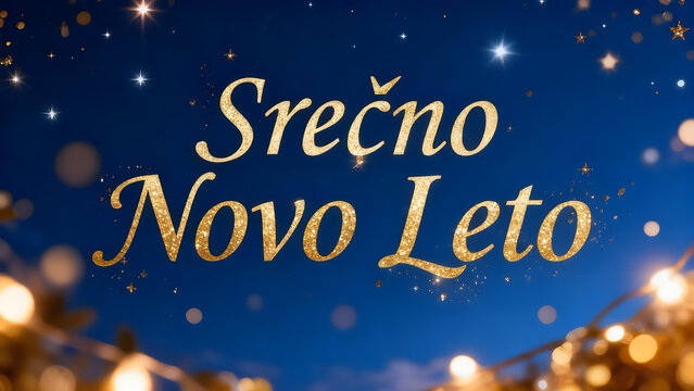 A refined "Srečno Novo Leto" greeting in gold with sparkling effects, perfect for celebrating the New Year with elegance and joy.