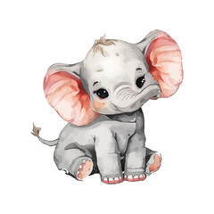 Adorable watercolor illustration of a charming baby elephant with big pink ears, sitting sweetly and looking curious, perfect for children's designs and playful animal themes