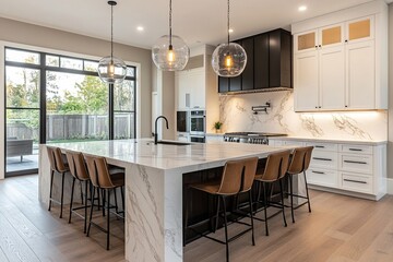 Fototapeta premium Modern kitchen interior with a large marble island, black cabinets, and pendant lights. Open space with natural light from large windows.