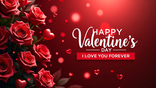 Red roses and glowing hearts frame loving message—deep red glow evokes timeless Valentine’s devotion.
