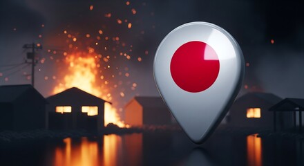 Urgent Japan earthquake relief support needed as fires rage near a geo location pin, showing destruction and need for aid during a national crisis
