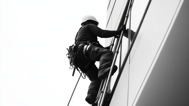 Worker climbing a ladder to clean windows on a high-rise building in an urban setting during daylight hours