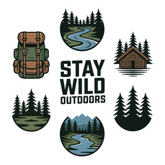 Stay wild outdoors adventure elements isolated on white background